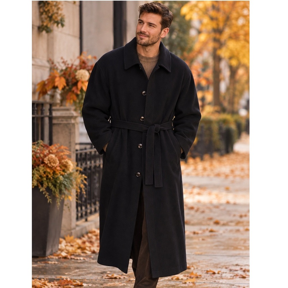VTG Pierrette Saks Fifth Avenue Men 14 52" Black Pure Cashmere Belted Overcoat